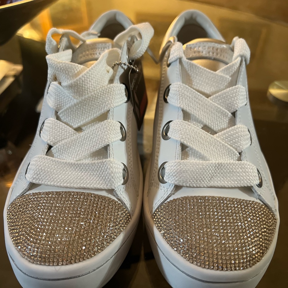 Skechers White Low-Top Sneakers with Gold Rhinestone Toecaps